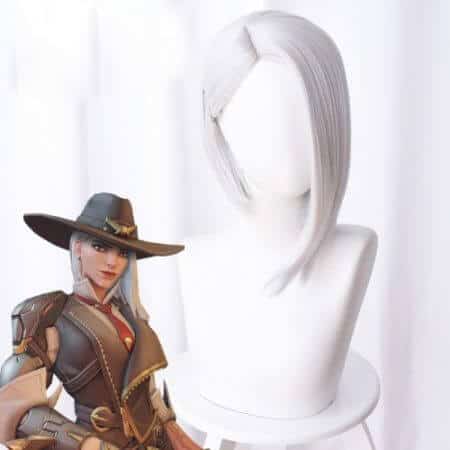 Overwatch Ashe Cosplay Wig 30cm Short Straight Heat Resistant Synthetic Hair OW Game Wig Silver-white Costume Party Wig