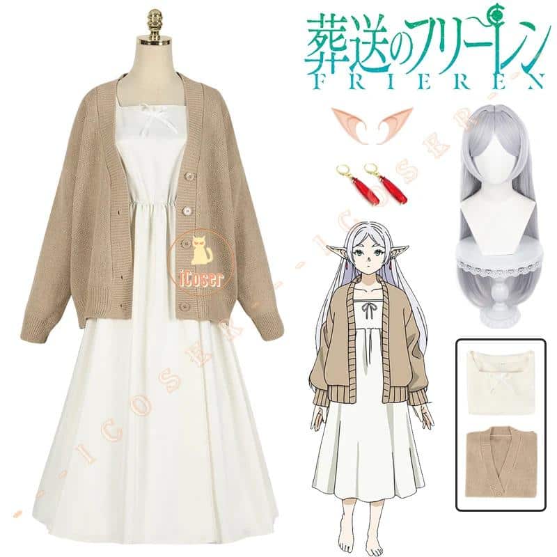 Anime Frieren Beyond Journey's End Frieren Cosplay Kostüm Wig Perücke Sweater Coat Kleid Elf Ears Earrings Damen Props 11