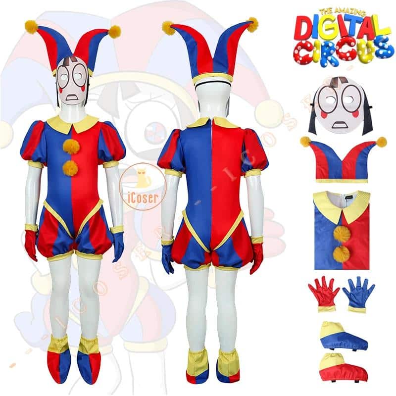 Pomni Cosplay Cartoon Kostüm The Amazing Digital Circus Jumpsuit Hat Maske Gloves Shoe Covers für Kids Children Gifts 3