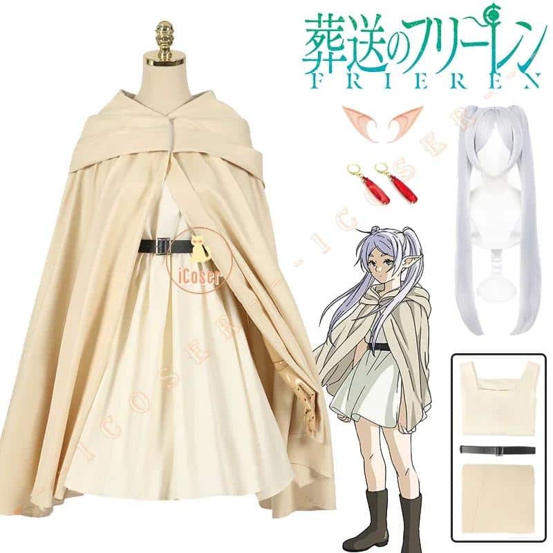 Anime Frieren Beyond Journey's End Frieren Cosplay Kostüm Wig Perücke Beige Kleid Cloak Elf Ears Earrings für Damen Cos 8