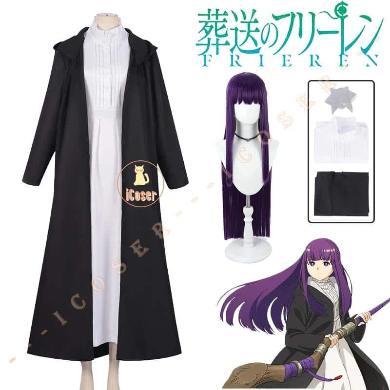 Anime Frieren Beyond Journey's End Fern Cosplay Kostüm Wig Perücke Kleid Trench Uniform Headwear für Damen 4