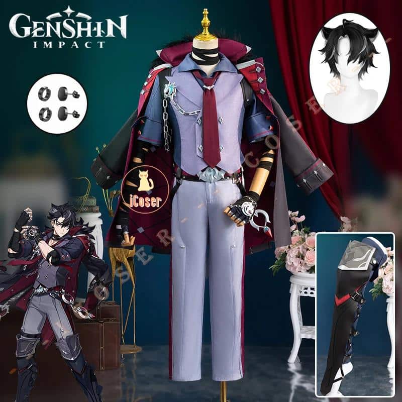 Wriothesley Cosplay Kostüm Wig Perücke Genshin Impact Uniform Fontaine fortress of Meropide Earrings Ring Damen Herren Cos 2