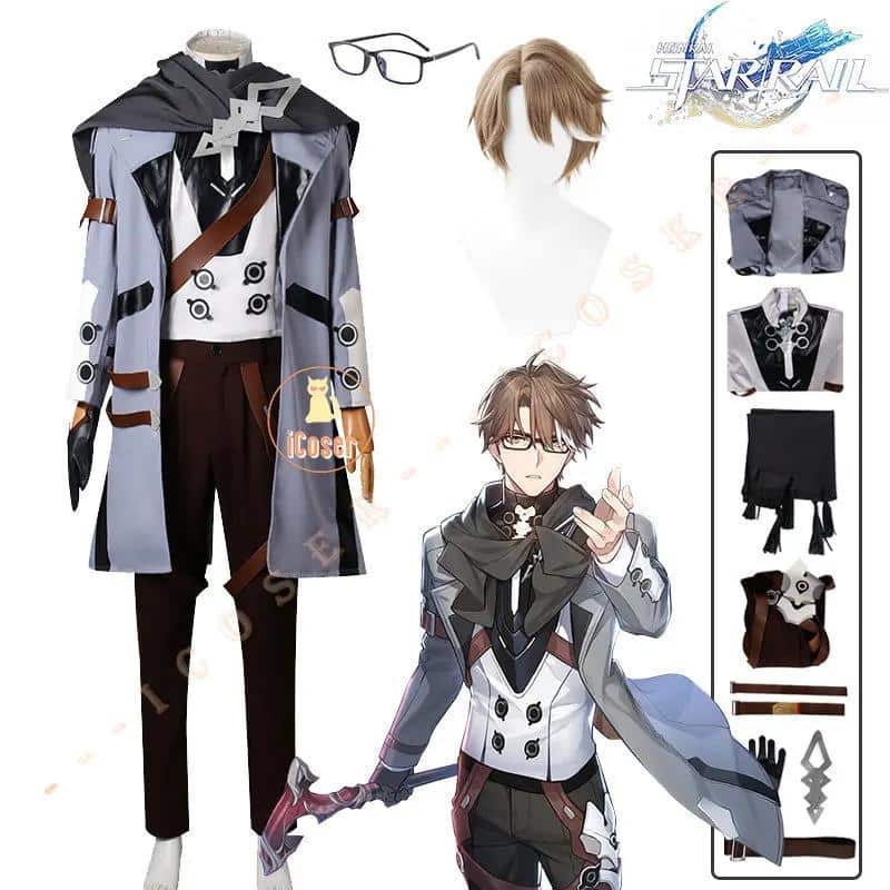 Honkai Star Rail Welt Yang Cosplay Kostüm Wig Perücke Game Uniform Glasses Trench Scarf Astral Express Animator Herren Set 2