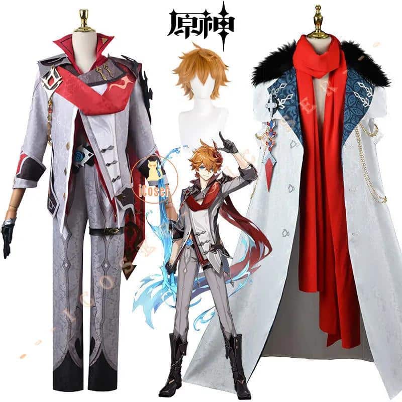 Genshin Impact Tartaglia Childe Cosplay Kostüm Wig Perücke Fatui Cloak Outfit Uniform Cape Headwear Gloves Eleven Fatui Harbingers Herren 16