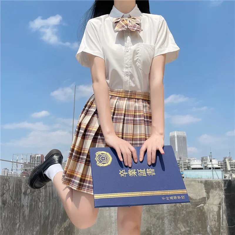 New Japanese School Uniform Korean Student Jk Seifuku Blouse Pleated Skirt Tie Full Set Girl Plaid Skirt Pink Uniforms For Woman 3