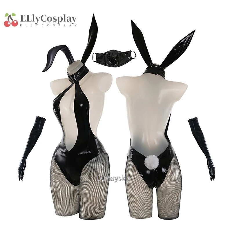 Japanese Illustration Bunny Girl Uniform Deep V-neck Hollow Leather Bodysuit Headband Mask Outfits Cosplay Costumes 1