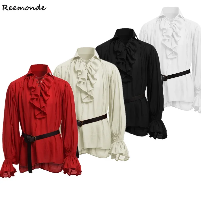 Wholesale Medieval Renaissance Lacing Up Shirt Bandage Tops Ruffles Shirt Fashion Men Vintage Costume Fluffy Long Sleeve Male 1