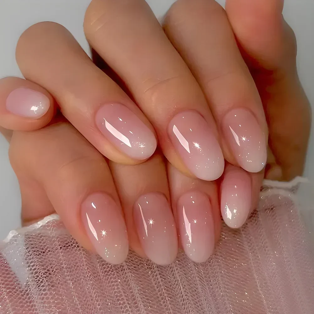 24Pcs Almond False Nails Pink Gradient Simple with French Design Wearable Fake Nails Short Full Cover Press on Nail Tips Art 1