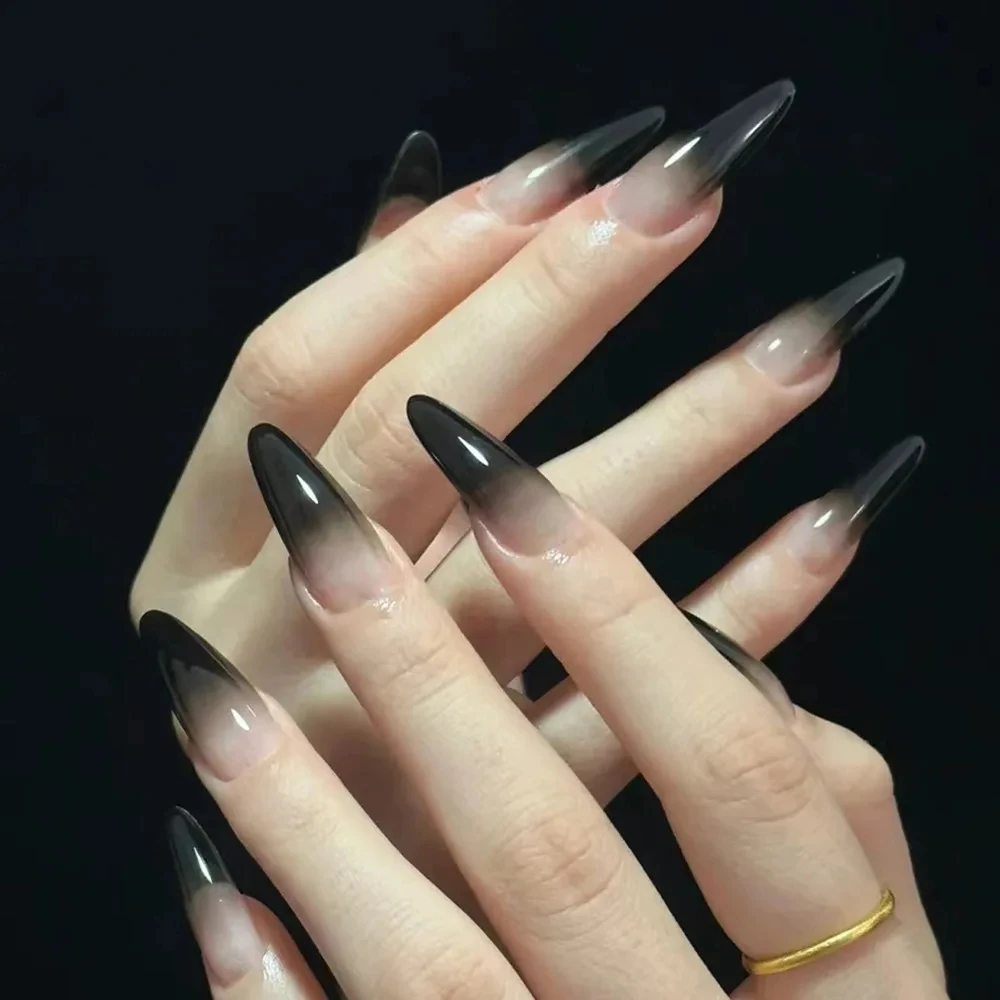 24pcs Black Gradients Long Paragraph Fashion Manicure Patch Reusable Adhesive False Nails Almond Fake Nails Press On Stiletto 1