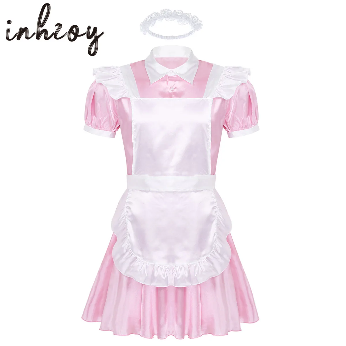 Mens Sissy Maid Cosplay Costume Puff Sleeve Frilly Satin French Apron Maid Servant Dress Set Roleplay Babydoll Dress with Apron 1 Mens Sissy Maid Cosplay Costume Puff Sleeve Frilly Satin French Apron Maid Servant Dress Set Roleplay Babydoll Dress with Apron 1