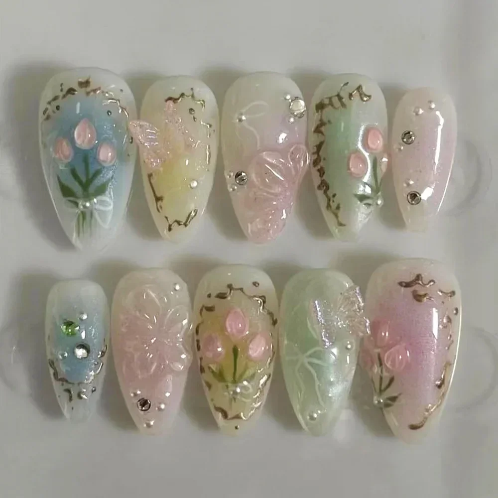 24pcs Detachable Flower Almond bowknot French False Nails Stars Love Glitter Design Press on Nails Fake Nials DIY Manicure Nails 1