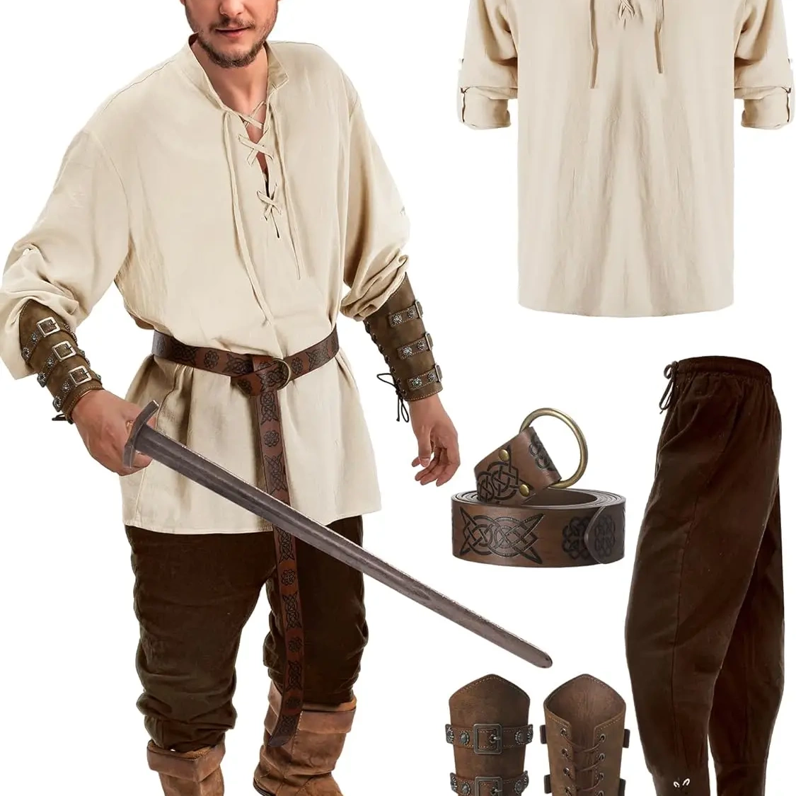 Jiuguva 4 Pcs Halloween Men's Renaissance Costume Set Medieval Pirate Shirt Ankle Banded Pants Viking Belt Accessories 1