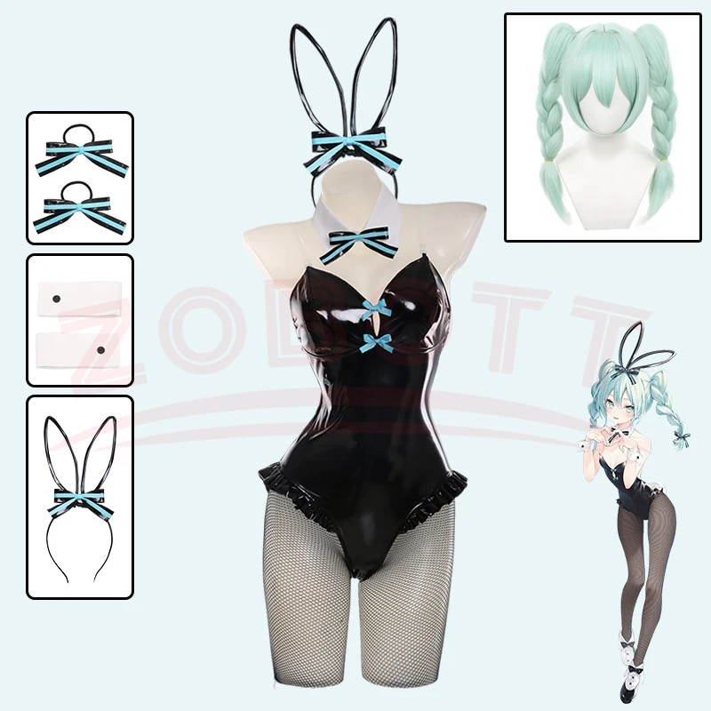 Anime Demon Black Patent Leather Bunny Girl Sexy Cute Uniform Halloween Cosplay Costume Headdresses Clothes Bows 1