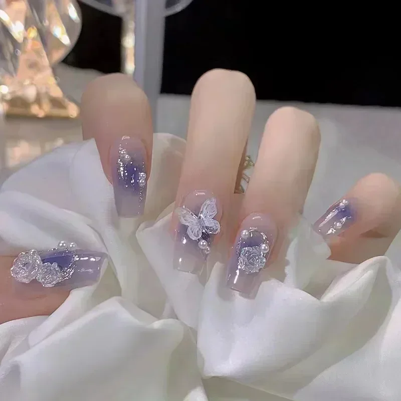 24Pcs Ballerina Long Square Nail Tips False Nails Wearable Fake Nails Butterfly Camellia Flower Pearl Design Press on Nails 1