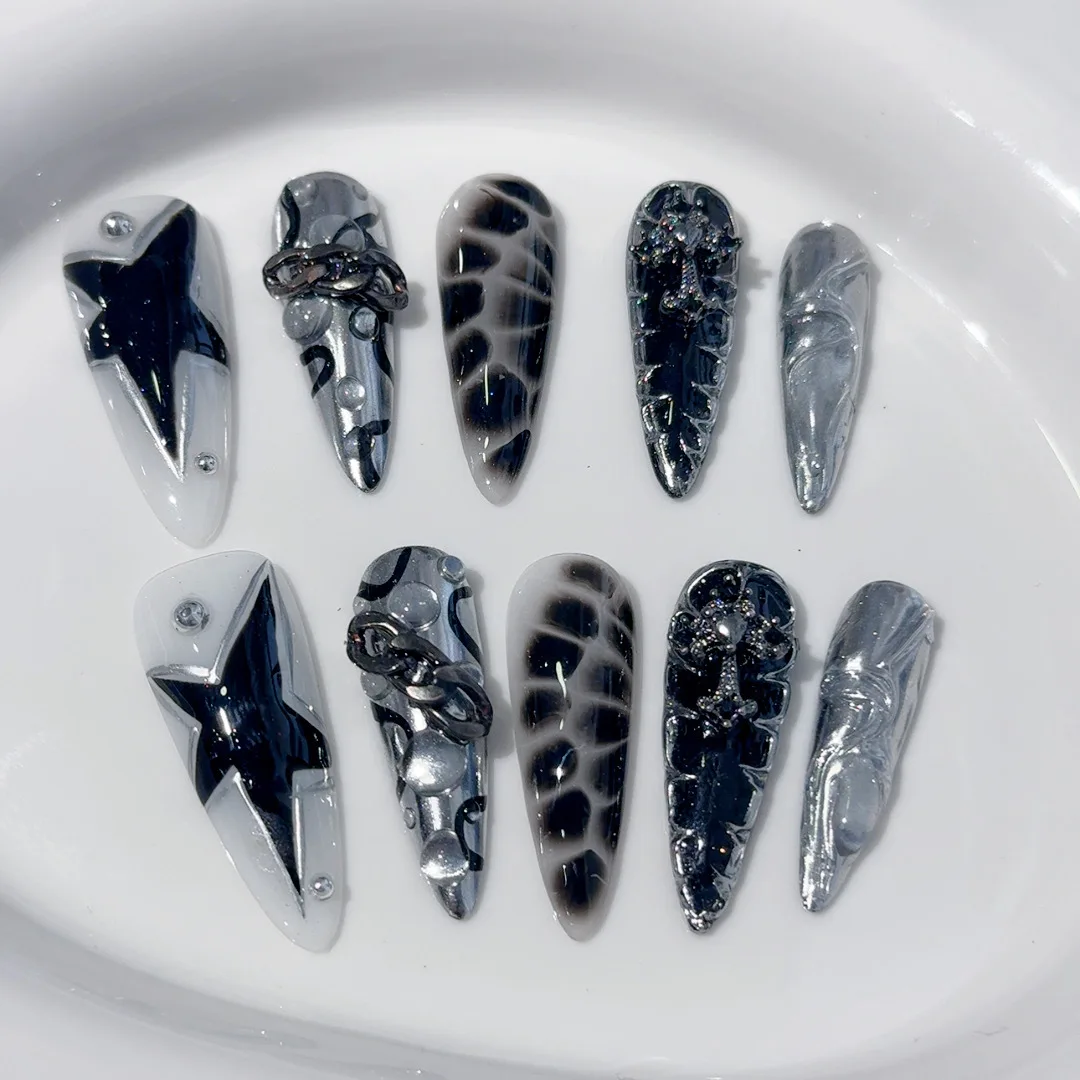10pcs Handmade Fake Nails Black Star Snake Pattern Fake Nail Wearable Full Cover European Heavy Metal Cool Almond Press on Nails 1