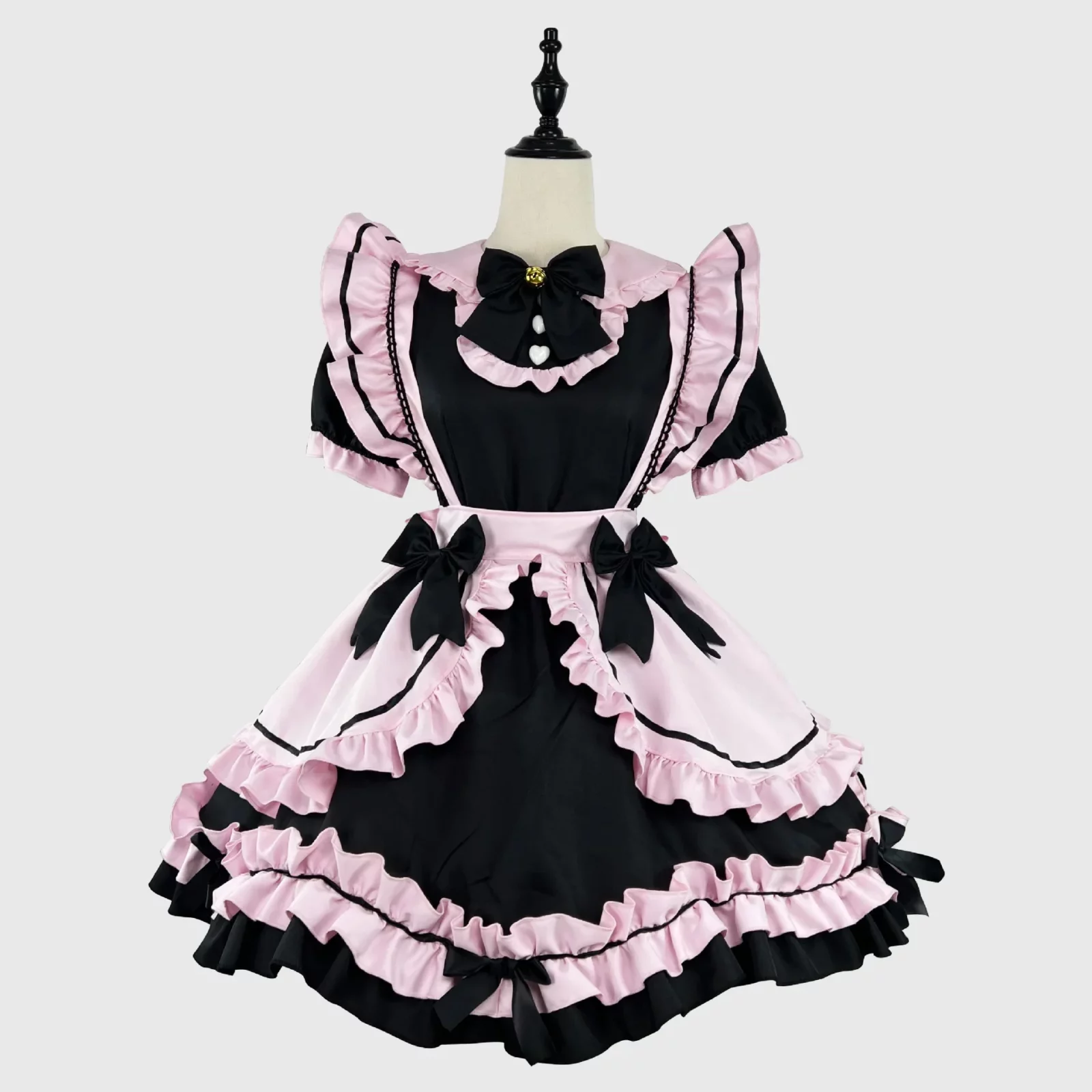 Anime Gothic Lolita JSK Dress Short Sleeve Kawaii Bow Maid Party Dresses Cosplay Cats Girl Harajuku Cute Pink Ruffles Black 1