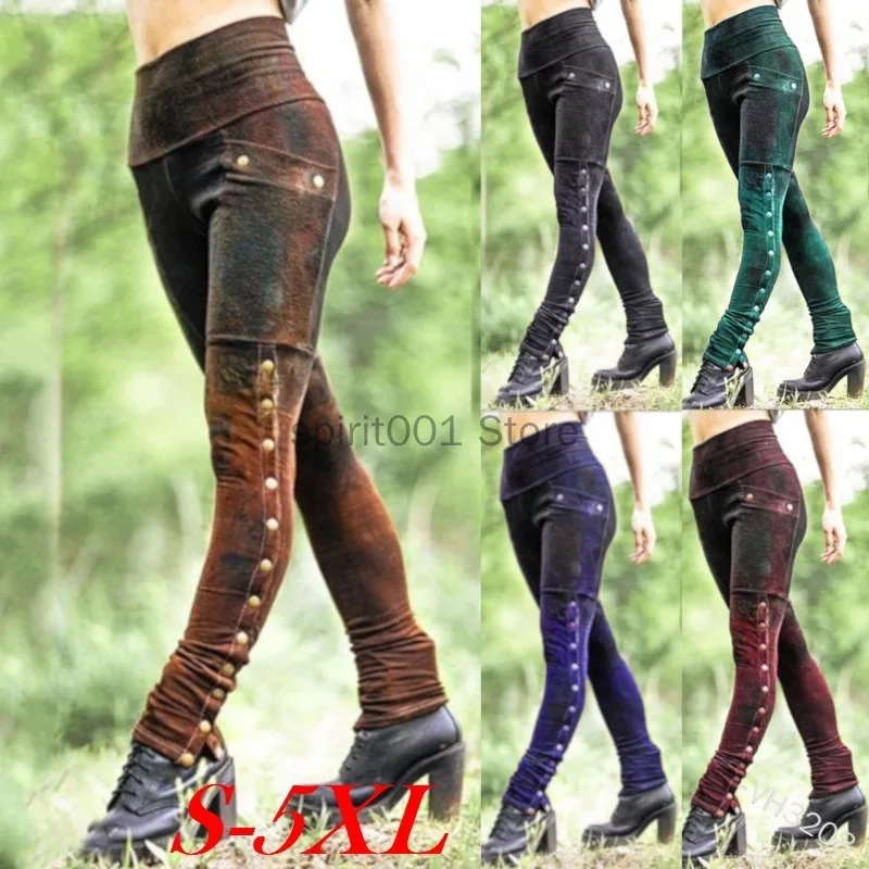 S-5XL Medieval Pirate Halloween Cosplay Costume Bottoms Women Gradient Buttoned Soldier Slim Sexy Leggings Panel Vintage Pants 1