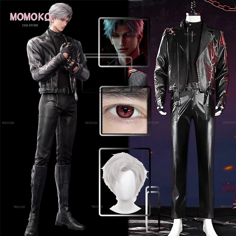 Love and Deepspace Sylus Cosplay Costume Wig Eyes Anime Game Black Lather Clothing Jacket Pants Suit Halloween Party Men Cosplay 1