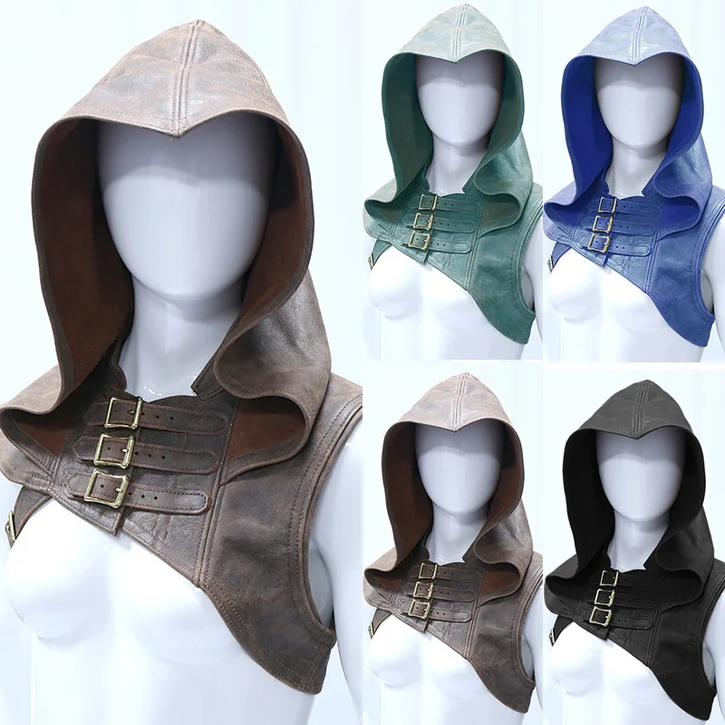 Hooded Leather Cloak Cape Cowl Adult Medieval Wicca Costumes Pagan Accessory Cosplay Assassin Hat Warrior Outfit For Women Men 1