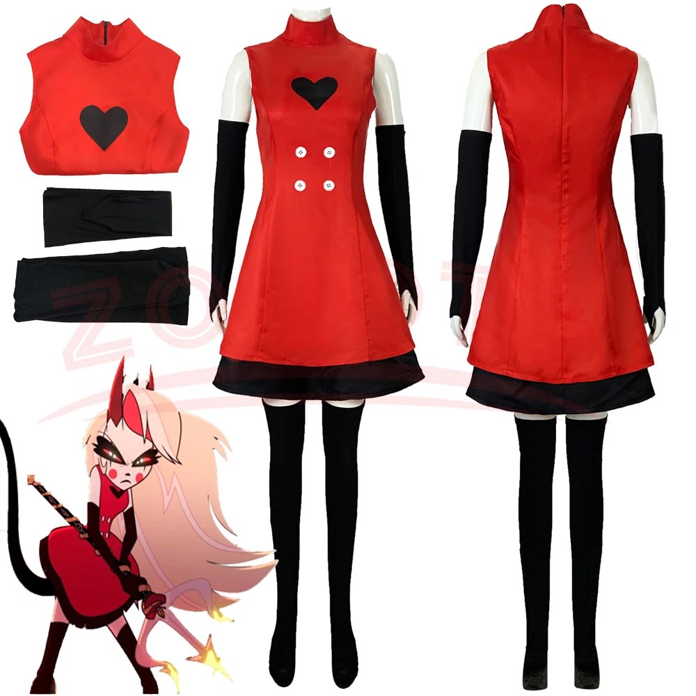 Anime Hazbin for Game Fans Hotel Charlie Cosplay Halloween Costume Adult Women Turtleneck Red Dress Sexy Sleeveless Daily Skirt 1