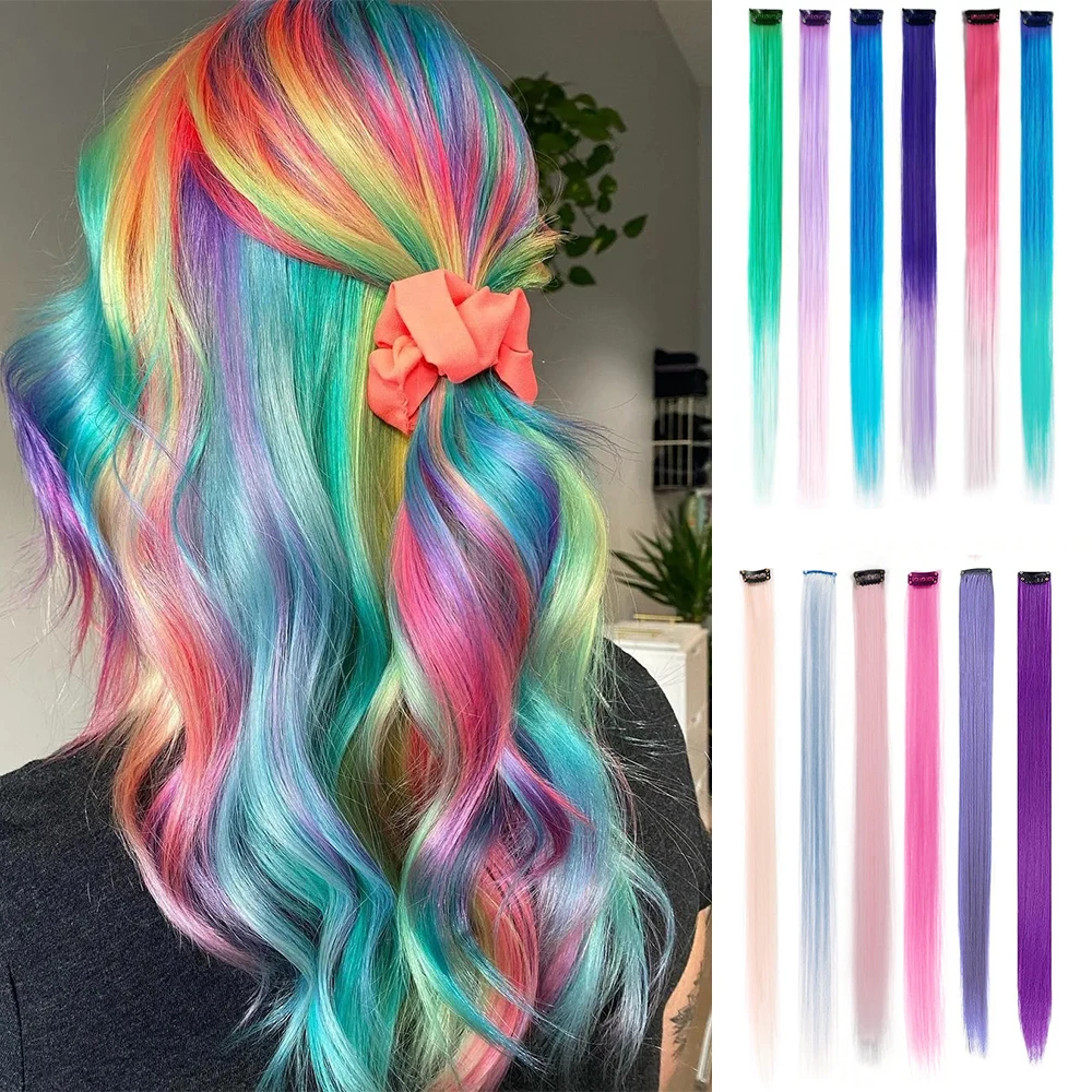 6pcs/pack Colored Party Highlights Clip in Hair Extensions for Girls 22 inches Multi-colors Straight Hair Synthetic Hairpieces 1
