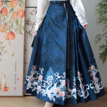 Vintage Women Chinese Traditional Hanfu Cardigan Shirt + Blue Pleated Mamian Skirt Chinese Hot Hanfu Shirt Horse Face Skirt Set 5