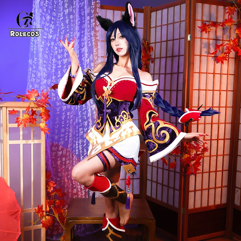 ROLECOS Game LOL Wild Rift The Nine-Tailed Fox Ahri Cosplay Costume Ahri Halloween Women Red Dress Outfit Fullset Suit 1