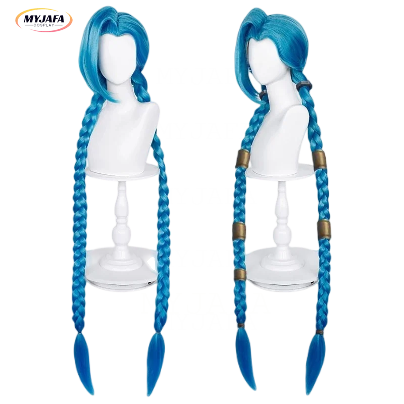 LOL Jinx Cosplay Wig Long Braided Blue The Loose Cannon Wig with Blue Braid Heat Resistant Synthetic Hair Anime Wigs + Wig Cap 1