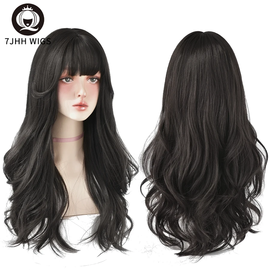 7JHH WIGS Popular Brown Ash Long Deep Wave Hair Lolita Wigs With Bangs Synthetic Wig For Women Fashion Thick Curls Wigs Girl 1