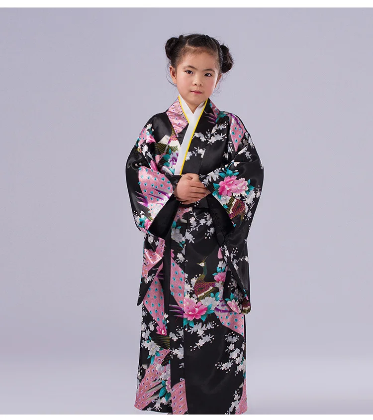 Asian Children Japanese Kimono Bathrobe Gown Japan Style Peacock Yukata Dress Obi Vintage Haori Halloween Cosplay Costume 11