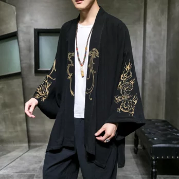 Tai chi Fashion Costume Embroidery Hanfu Men Chinese Style Linen Robe Cardigan Jacket Oversized Kimono 5XL Ancient Coat Male 1