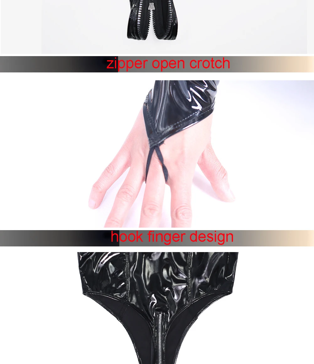Shiny Faux PU Leather Zipper Open Crotch Bodysuit Wet Look PVC Catsuit Tights Sexy Body Teddies High Cut Swimsuit Leotard Unitar 6