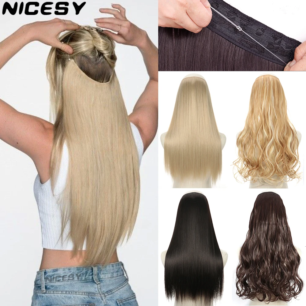 No Clips Natural Hair Extension Synthatic Artificial Long Straight Hairpiece Blonde Black Mixed Color False Hair Piece For Women 1