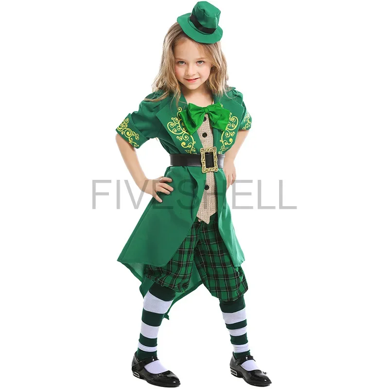 Kids Child Girls Halloween Costumes St. Patricks Day Ireland Irish Leprechaun Elf Cosplay Costume for Teen Girl Green Spirit Set 1