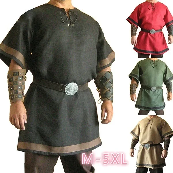 Viking Warrior Costume Medieval Vintage Renaissance Viking Knight Outfit LARP Costume Adult Men Nordic Army Pirate Tunic Shirt 1