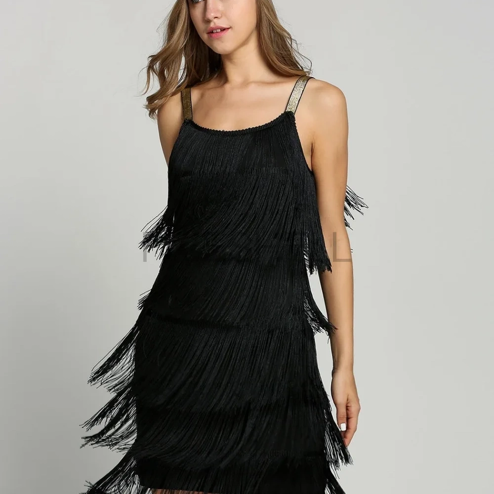 Women 1920s Tassel Dress Great Gatsby Flapper Beach Cosplay Costumes Strap Low Cut Fringe Party Dresses with Headband Halloween 1