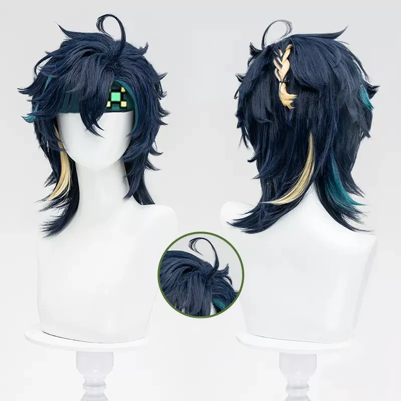 ROLECOS Game Genshin Impact Kinich Cosplay Wigs Kinich 37cm Short Straight Mixed Blue Men Cos Wig Heat Resistant Synthetic Hair