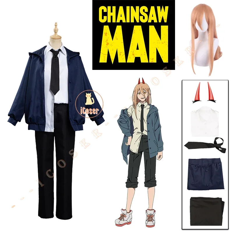 Anime Chainsaw Man Power Cosplay Costume Wig Blue Red Jacket Uniform Outfit Hairpins Blood Fiend Devil Halloween Party for Women 1