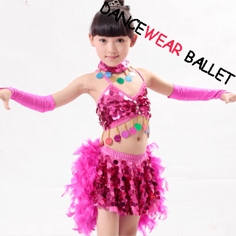 Mädchen Kinder Pailletten Glitzer Feder Salsa Samba Tango Ballroom Latein Tanzkleid Kostüm Rock Vestidos De Baile 3