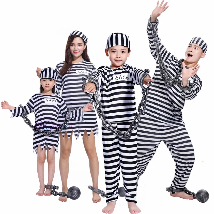 Adult Kids Striped Prisoner Costume Prison Suit Uniform Chains Family Matching Outfits Cosplay Clothes For Party Halloween 1