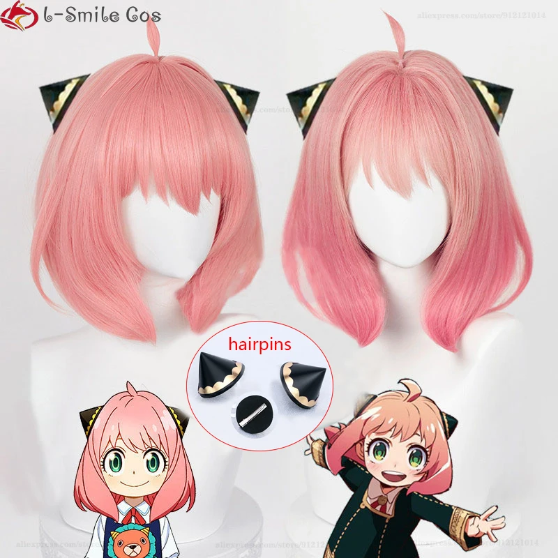 Anime cos Anya Forger Short Pink Cosplay Wig Hair Heat Resistant Synthetic Halloween Party Woman Cute Wigs + Wig Cap 1