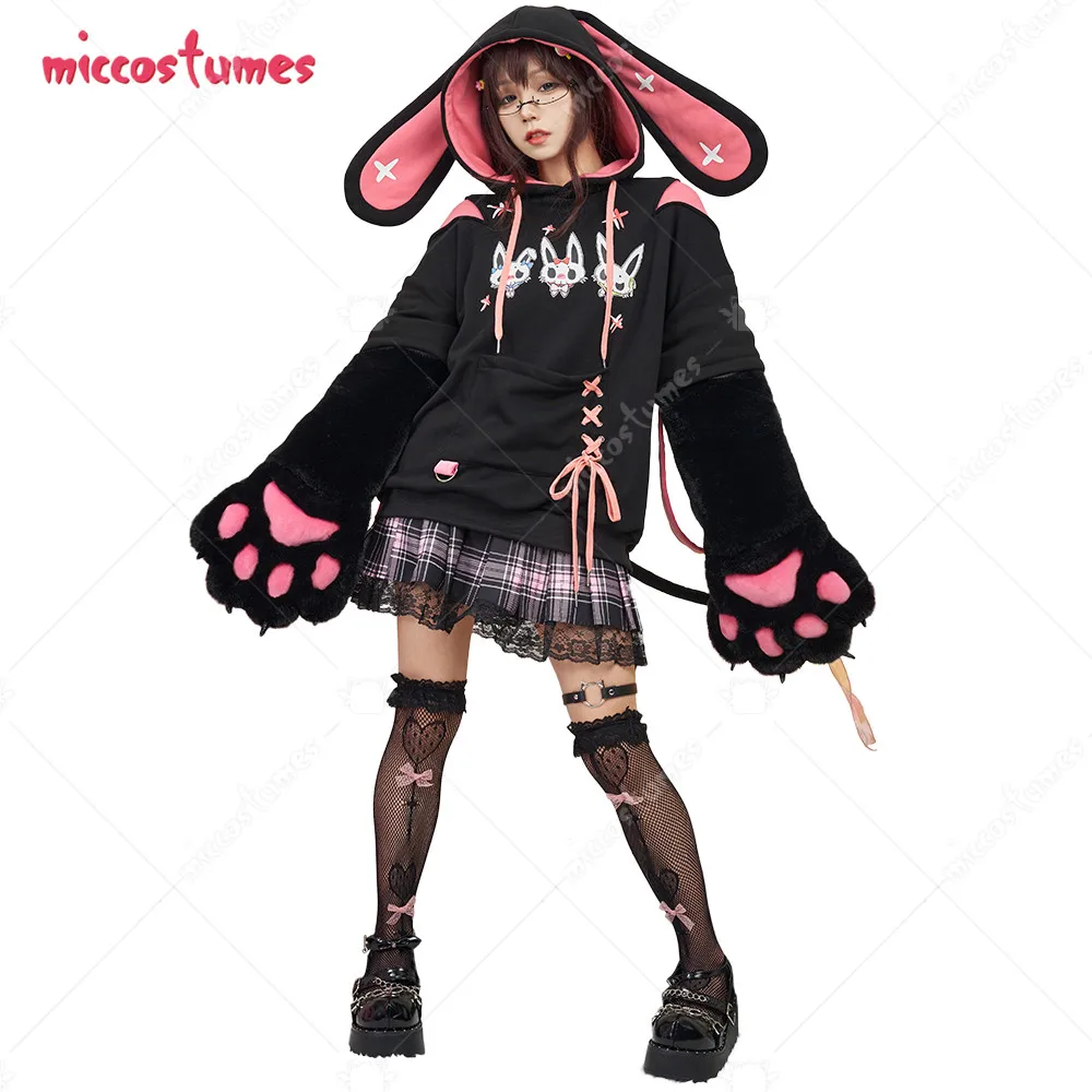 Women s Pullover Hoodie with Detachable Bag Design Furry Cat Paw Gloves Cute Black Pink Bunny Hoodie 1