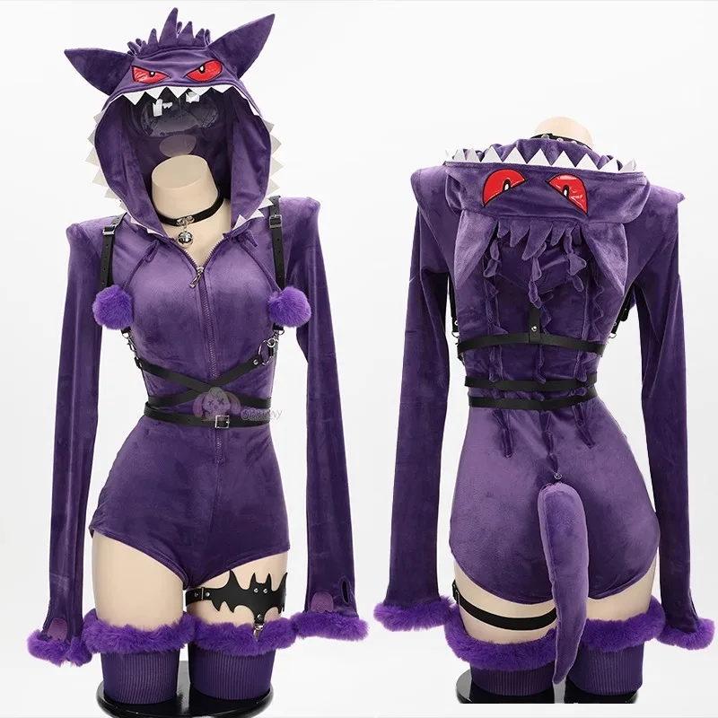 Sexy Women Purple Ghost Cosplay Costume Halloween Purple Sexy Romper Bodysuit Plush Hooded and Socks with Belt and Tail 1