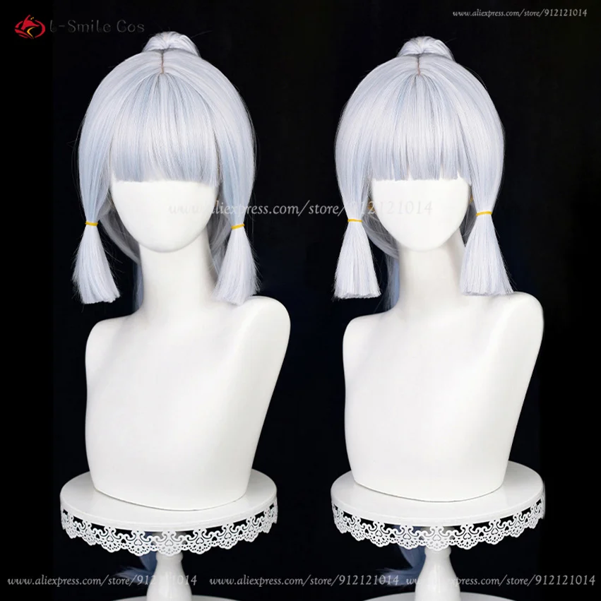 Kamisato Ayaka Cosplay Perücke 75cm lang Silber Blau mit Zopf Hitzebeständige Synthetikhaar Perücke Cosplay Kostüm 10
