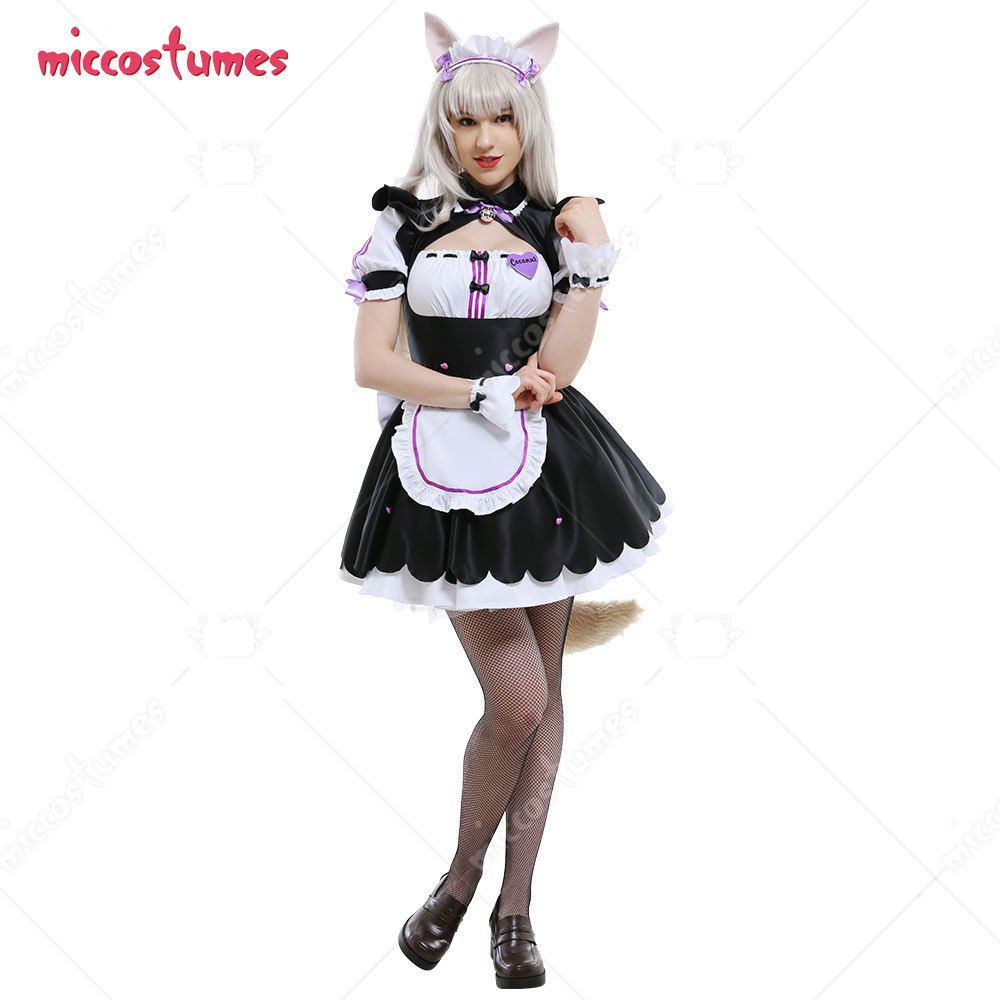 Frauen Katzenmädchen Maid Kostüm Set mit Ohrenklammern und Katzenschwanz für Halloween Cosplay 1