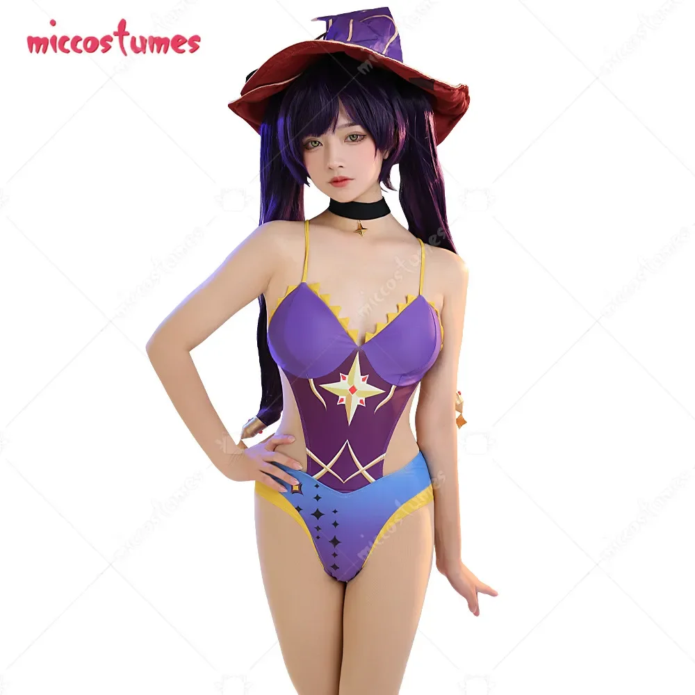 Women 's One-Piece Swimsuit Purple Star Swimwear Waist Cutout Bathing Suit with Choker 1