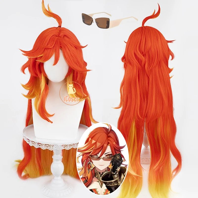 Genshin Impact Mavuika Cosplay Wig Sunglasses Red Yellow Long Hair Natlan Halloween Party for Women Girls Accessory Props iCoser 1