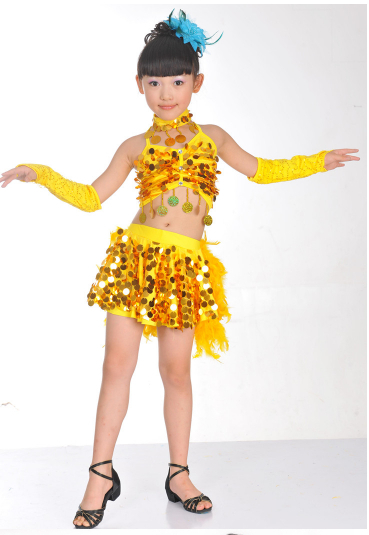 Mädchen Kinder Pailletten Glitzer Feder Salsa Samba Tango Ballroom Latein Tanzkleid Kostüm Rock Vestidos De Baile 8