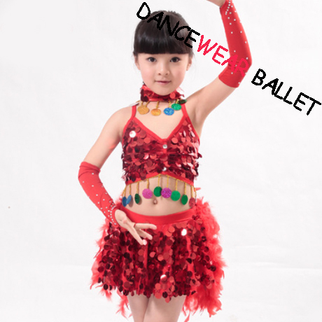Mädchen Kinder Pailletten Glitzer Feder Salsa Samba Tango Ballroom Latein Tanzkleid Kostüm Rock Vestidos De Baile 4
