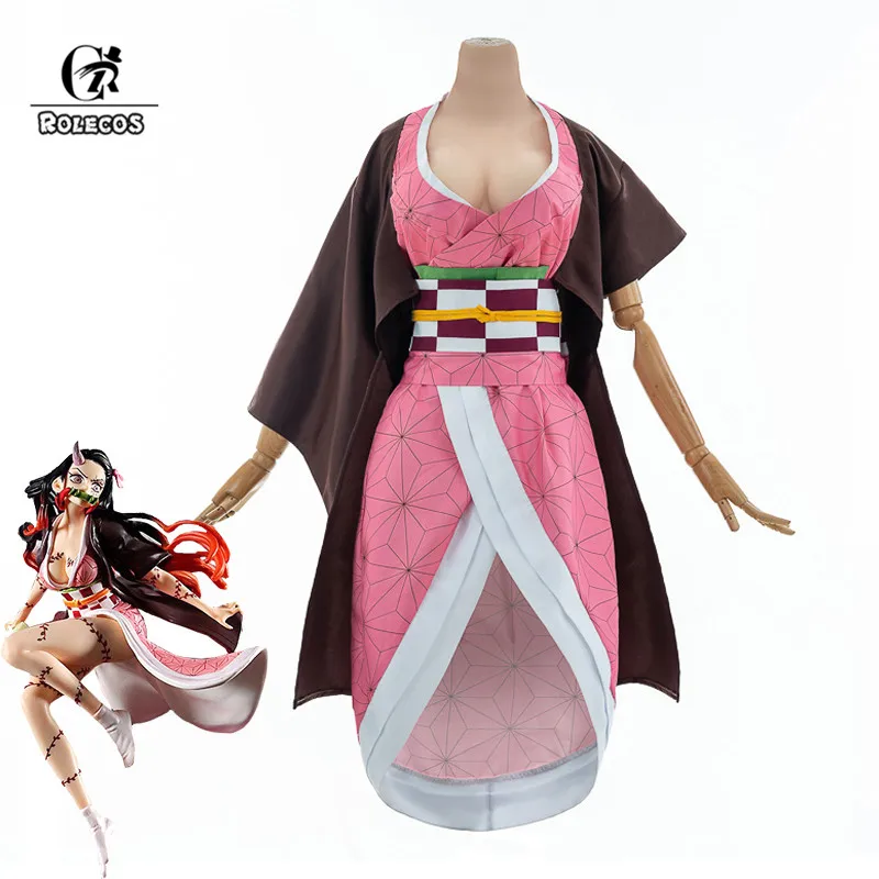 ROLECOS Nezuko Kamado Cosplay Costume Anime Demon Slayer Cosplay Costume Sexy Women Uniform Halloween Dress Full Set With Horn 1